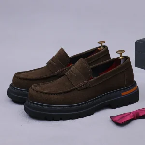 Men’s Business Suede Loafers Thick-soled Durable Height Increasing Leather Shoes Slip-on Genuine Leather High-heeled