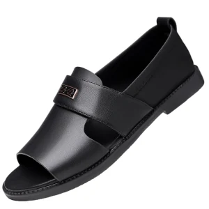 Mens Casual Breathable Sandals Comfortable and Wear-Resistant Soft Leather Anti-Slip Beach Shoes Flat Soled Outdoor