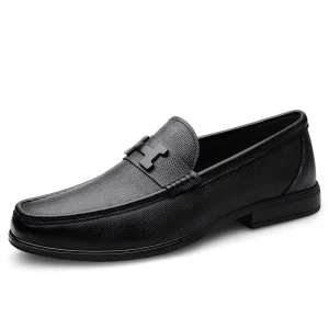 Men’s Casual Business Genuine Leather Upper Breathable Slip on Round Toe Shoes with Rubber Outsole and Pigskin Lining for Autumn
