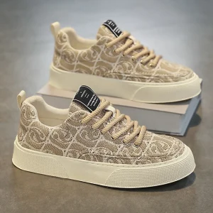 Men’s Casual Canvas Shoes with Thick Sole Low Top Printed Board Design Rubber Insole Winter Running Sports Style