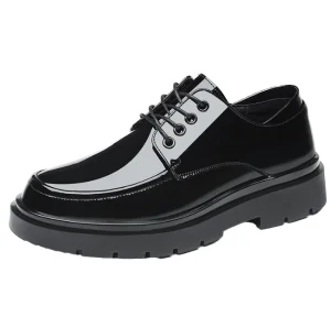 Men’s Casual Dress Shoes Black Brown Glossy Upper 38 46 Big Size Lace Up Height Increasing Breathable Rubber Insole for Winter