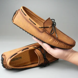Men’s Casual Genuine Leather Bean Shoes Low Cut Business Formal Dress Shoes Anti Slippery Feature Comfortable Rubber Driving