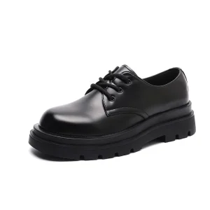 Men’s Casual Genuine Leather Derby Shoes Low-Top Black Workwear Simple Thick-Soled Heightened Black Oxfords