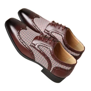 Men’s Casual Leather Oxford Shoes with Plaid Lace up for Business & Party Dress Shoes
