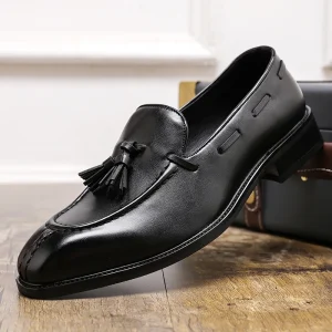 Men’s Casual Leather Shoes British Slip on Pointed Trendy Penny Loafer Casual Flat Dress Shoes Men Formal