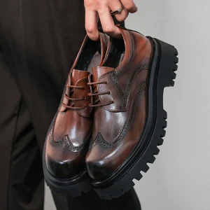 Men’s Casual Leather Shoes Brown English Style Leather Platform Elevation Lace up Breathable for Summer Wedding Groom