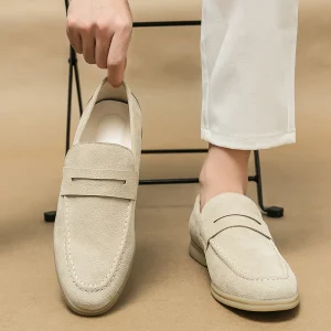 Men’s Casual Loafers Genuine Leather Large Size 38-46 Flat Slip-On Dress Shoes for Winter
