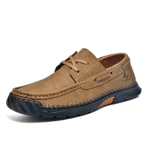 Men’s Casual PU Leather Lace up Hand stitched Work Shoes Non slip Shock Absorption Wear resistant Outdoor Shoes