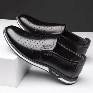 Men’s Casual Shoes Black Perforated Breathable Slip-On for Business Casual & Daily Wear