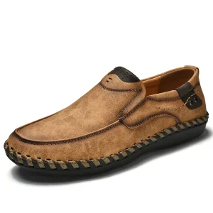 Men’s Casual Shoes Handmade Genuine Leather Summer Solid Slip On Rubber Outsole Soft Bottom Breathable Large Size Lazy Style
