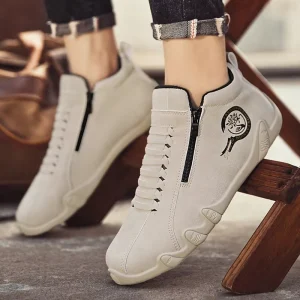 Men’s Casual Shoes Side Zipper Short Boots Versatile Flat Bottom PU Leather Shoes for Spring Outdoor Sports