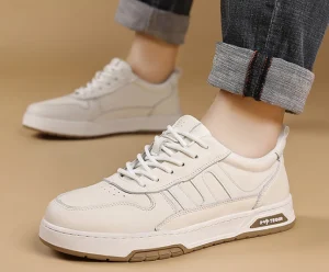 Men’s Casual Sneakers New Autumn Genuine Leather Lace-Up Monk Strap Shoes Soft Sole Lightweight Anti-Odor White Fashion