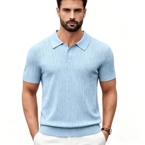 Men’s Casual Solid Color Knitted Lapel Front Button Short sleeved Slim fit Textured Breathable Golf Shirt 100% Viscose