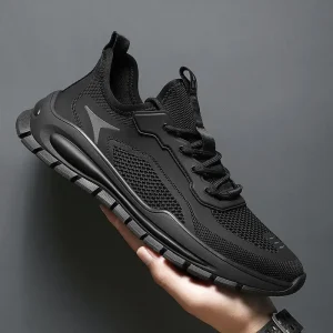 Men’s Casual Sports Shoes Breathable Mesh Design in Solid Black Work Safety Walking Shoes