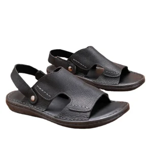 Men’s Casual Summer Genuine Leather Non Slip Soft Sole Beach Shoes Slip On Outdoor Two Way Beach Sandals