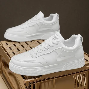 Men’s Casual Versatile Korean Style White Thick-Soled Leather Panel Trendy Walking Shoes Lightweight for Students