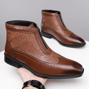 Men’s Chelsea Boots Large Size Ostrich Pattern Embossed Zipper Pointed Toe Business Shoes