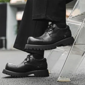 Men’s Chunky Platform Derby Shoes British Style Round Toe Lace up Matte Black Casual Dress Shoes Non slip Lug Sole Oxford