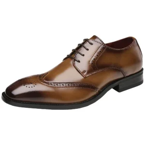 Men’s Comfort Casual Brogue Plaid Genuine Leather Upper Lace up Oxford Business Office Shoes Square Toe Wedding Parties Autumn