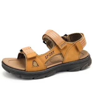 Men’s Cow Genuine Leather Closed Toe Flat Lightweight Sports Adjustable Mesh Breathable Upper Rubber Outsole Slip-On
