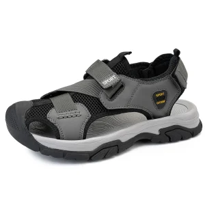 Men’s Cow Genuine Leather Closed Toe Sports Sandals Adjustable Mesh Breathable Upper Rubber Outsole Slip-On Anti-Slippery Light
