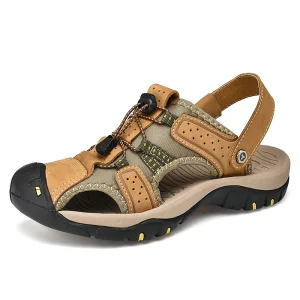 Men’s Cow Genuine Leather Closed Toe Sports Sandals Adjustable Mesh Breathable Upper Rubber Outsole Slip On Anti Slippery Spring