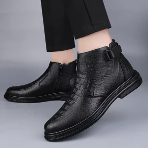 Men’s Cowhide Chelsea Boots High Top Zippered Leather Ankle Western Anti Slippery Soft Flat (PU) Sizes 38 46 for Summer Winter