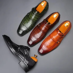 Men’s Crocodile Embossed Double Monk Strap Shoes Pointed Toe Formal Business Dress Shoes for Wedding Office Party
