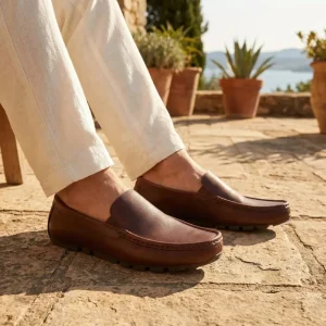 Men’s Dark Brown Genuine Leather Round Toe Slip-On Loafers Breathable Soft Anti-Slip Barefoot Design Winter Casual Shoes