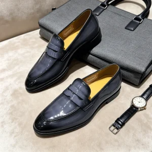 Men’s Dark Grey Patent Penny Loafers Handmade Formal Shoes Slip On Business Casual Shoes