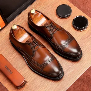 Men’s Derbies Genuine Leather Autumn Retro Casual Lace-up British Style Business Formal Wedding Groom Shoes Rubber Fashion