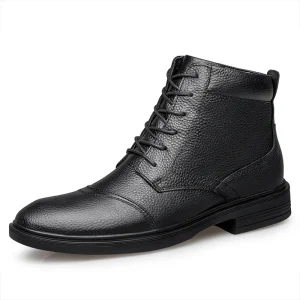 Men’s Derby Boots Dress Uniform Oxford Shoes High-Mid Top Lace up Genuine Cow Leather Thickened Fleece Cotton Padded Warm
