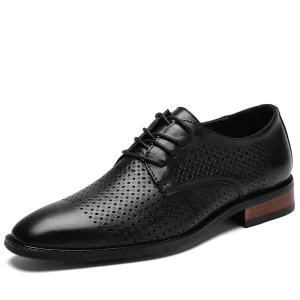 Men’s Derby Dress Uniform Oxford Shoes Low Top Lace Up Genuine Cow Leather Pointed Toe Hollow Out Breathable