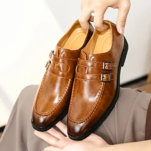 Men’s Double Monk Strap Shoes Slip-On Formal Dress Shoes With Buckle Details for Business Office and Formal Occasions