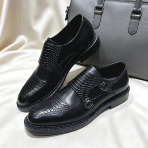 Men’s Double Monk Strap Shoes with Thick Sole Crocodile Embossed Genuine Leather Dress Shoes for Wedding
