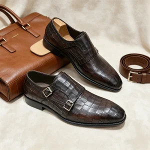 Men’s Double Strap Monk Shoes Dark Brown Genuine Leather Crocodile Embossed Business Dress Shoes Vintage Formal Oxfords