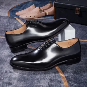 Men’s Dress Shoes Genuine Leather Oxford Lace-Up with Handmade Printing Leather Insole for Business Occasions