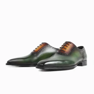 Men’s Dress Shoes Hand-Painted Emerald Amber Tuxedo Oxfords Premium Brogue Leather Shoes with Genuine Leather Outsole