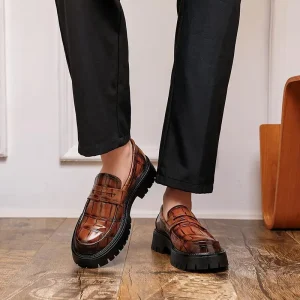 Men’s Embossed Loafers Slip-On Platform Shoes with Chunky Sole for Daily Wear and Outdoor Activities
