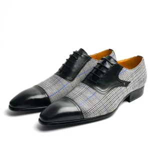 Men’s Fashion Oxfords Leather Shoes Denim+Cow Leather Upper Lace Up Closure for Business Wedding Office Wear on All Occasions