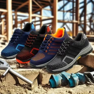 Men’s Fashionable Black Anti-Slip Fly Weaving Fabric Summer Work Shoes Breathable Steel Toe Safety Shoes for Summer