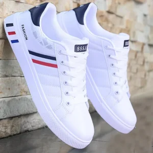 Mens Fashionable Synthetic Leather Flat White Shoes Lightweight Sports Leisure Running Shoes with Casual Toe Style