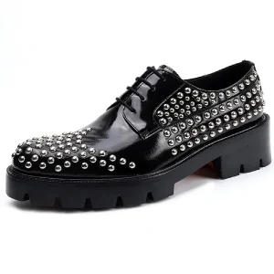 Men’s Formal Business Oxford Leather Shoes Low-top Lace-Up Cowhide Anti-Slippery Korean-style Trendy Metal Rivets Handmade Dress