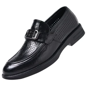 Men’s Formal Wedding Shoes Slip On Loafers Embroidered Two Layer Cowhide EVA Rubber Black Leather Lightweight Office Career