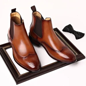 Men’s Formal Wingtip Brogue Chelsea Boots Brown Dress Shoes Ankle Boots Elastic Side Slip On Business Shoes