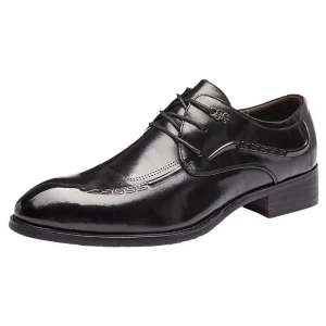 Men’s Full-Grain Cowhide Derby Shoes Pointed Toe Lace-Up Height Increasing Design Soft Comfortable Business