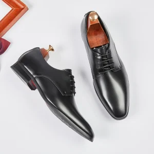 Men’s Genuine Leather British Derby Dress Shoes Comfortable Office Pointed Toe Simple Wedding Design for Summer
