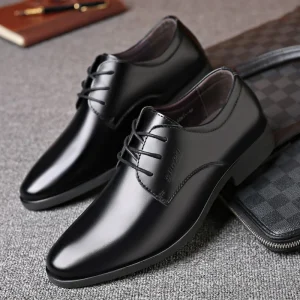Men’s Genuine Leather Business Formal Dress Pointed Toe Breathable Anti-Slip Rubber Outsole British Korean Style Wedding Shoes