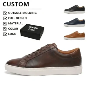 Men’s Genuine Leather Casual Shoes Comfortable Leisure Breathable Lace-Up Round Head Casual Leather Sneakers