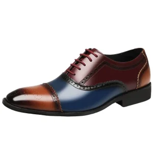 Men’s Genuine Leather Closed Height Increasing Shoes Color Matching Carved Youth Joker British Business Dress Groom Best Man